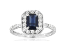 1.59CT DIAMOND & AAA SAPPHIRE 14K WHITE GOLD EMERALD CUT & ROUND ENGAGEMENT RING