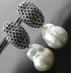 EXTRA LARGE 2.20CT AAA SAPPHIRE & SOUTH SEA PEARL 18KT WHITE GOLD PAVE EARRINGS
