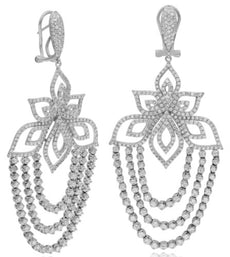 LARGE 3.66CT DIAMOND 14K WHITE GOLD 3D MULTI ROW FLOWER CLIP ON HANGING EARRINGS