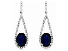 2.35CT DIAMOND & AAA SAPPHIRE 14KT WHITE GOLD 3D OVAL TEAR DROP HANGING EARRINGS