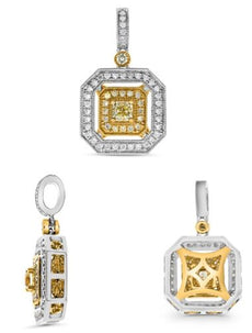 .55CT WHITE & FANCY YELLOW DIAMOND 18KT 2 TONE GOLD 3D CUSHION & ROUND PENDANT