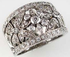 ANTIQUE WIDE .75CT DIAMOND 14KT WHITE GOLD 3D FLOWER FILIGREE ANNIVERSARY RING