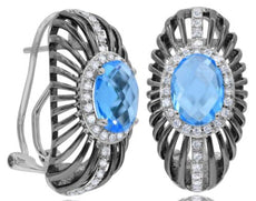 LARGE 3.57CT DIAMOND & BLUE TOPAZ 14KT WHITE & BLACK GOLD OVAL & ROUND EARRINGS