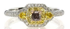 .59CT WHITE PINK & FANCY YELLOW DIAMOND 18KT TRI COLOR GOLD HALO ENGAGEMENT RING