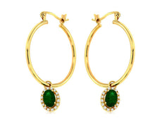 1.01CT DIAMOND & AAA EMERALD 14K YELLOW GOLD 3D OVAL HOOP CHARM HANGING EARRINGS