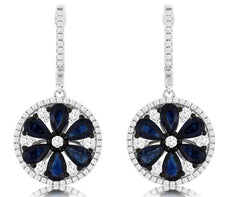 3.7CT DIAMOND & AAA SAPPHIRE 14KT WHITE GOLD PEAR SHAPE & ROUND HANGING EARRINGS