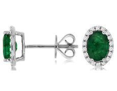 1.59CT DIAMOND & AAA EMERALD 14KT WHITE GOLD 3D OVAL & ROUND HALO STUD EARRINGS