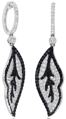 2.77CT WHITE & BLACK DIAMOND 18K WHITE GOLD CLASSIC LEAF HUGGIE HANGING EARRINGS