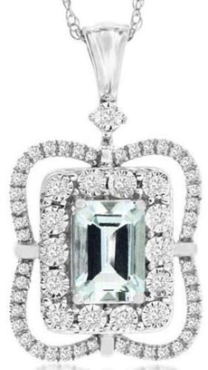1.12CT DIAMOND & AAA AQUAMARINE 14KT WHITE GOLD 3D EMERALD CUT FLOATING PENDANT