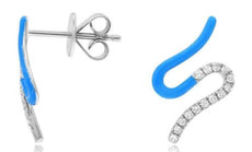 ESTATE .11CT DIAMOND & BLUE ENAMEL 14KT WHITE GOLD 3D SWIRL HANGING EARRINGS