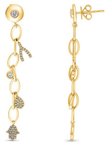 .40CT DIAMOND 14K YELLOW GOLD 3D MULTI CHARM HAMSA CHAMSA LUCKY HANGING EARRINGS