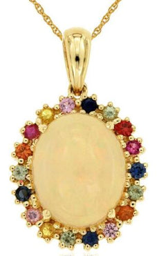 3.40CT AAA OPAL & AAA MULTI COLOR SAPPHIRE 14KT YELLOW GOLD OVAL & ROUND PENDANT