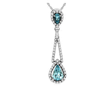 1.02CT DIAMOND & AAA AQUAMARINE 14KT WHITE GOLD TEAR DROP HALO FLOATING PENDANT