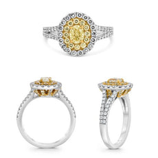 1.43CT WHITE & FANCY YELLOW DIAMOND 18K 2 TONE GOLD OVAL & ROUND ENGAGEMENT RING