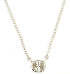 ESTATE .10CT DIAMOND 14KT WHITE GOLD 3D CLASSIC OVAL SOLITAIRE BEZEL NECKLACE