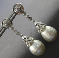 LARGE .80CT DIAMOND & AAA SOUTH SEA PEARL 18K WHITE GOLD FLOWER HANGING EARRINGS