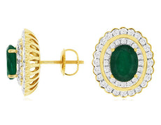 3.10CT DIAMOND & AAA EMERALD 14KT YELLOW GOLD 3D OVAL & ROUND SCREWBACK EARRINGS