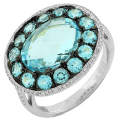 5.68CT DIAMOND & AAA BLUE TOPAZ 14K WHITE GOLD OVAL & ROUND FLOWER FILIGREE RING