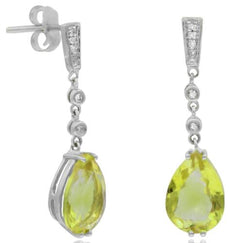 3.57CT DIAMOND & AAA LEMON QUARTZ 14K WHITE GOLD PEAR SHAPE & ROUND FUN EARRINGS