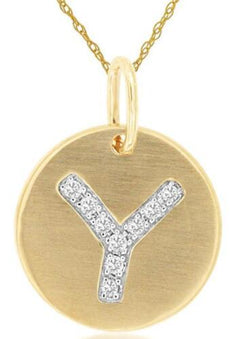 .05CT DIAMOND 14KT YELLOW GOLD LETTER Y INITIAL MATTE & SHINY FLOATING PENDANT
