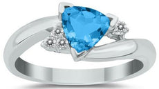 .78CT DIAMOND & AAA BLUE TOPAZ 14KT WHITE GOLD 3D TRILLION CUT & ROUND LOVE RING