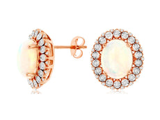ESTATE 3.65CT DIAMOND & AAA OPAL 14K ROSE GOLD OVAL & ROUND FLOWER STUD EARRINGS