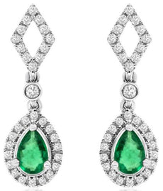 1.24CT DIAMOND & AAA EMERALD 14KT WHITE GOLD PEAR SHAPE & ROUND HANGING EARRINGS