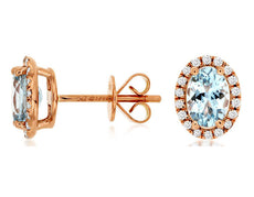 1.54CT DIAMOND & AAA AQUAMARINE 14K ROSE GOLD 3D OVAL & ROUND HALO STUD EARRINGS