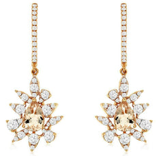 1.45CT DIAMOND & AAA MORGANITE 14K ROSE GOLD PEAR SHAPE & ROUND HANGING EARRINGS