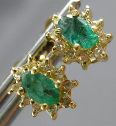 ESTATE 1.01CT DIAMOND & AAA EMERALD 14KT YELLOW GOLD FLOWER STUD EARRINGS #27586