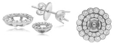 ESTATE .94CT DIAMOND 14KT WHITE GOLD DOUBLE HALO FLORAL SEMI MOUNT STUD EARRINGS
