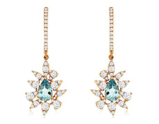 1.45CT DIAMOND & AAA AQUAMARINE 14K WHITE GOLD FLOWER LEVERBACK HANGING EARRINGS