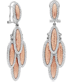 LARGE 2.15CT DIAMOND 14KT WHITE & ROSE GOLD MULTI OVAL CLIP ON HANGING EARRINGS