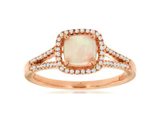 .85CT DIAMOND & AAA OPAL 14KT ROSE GOLD 3D CUSHION & ROUND HALO SQUARE FUN RING