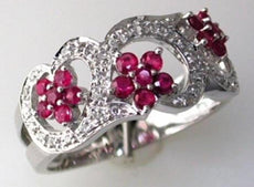 .74CT DIAMOND & AAA RUBY 14KT WHITE GOLD 3D MULTI FLOWER HEART SHAPE LOVE RING