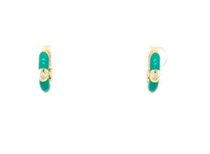 ESTATE .06CT DIAMOND & GREEN ENAMEL 18K YELLOW GOLD HUGGIE HOOP HANGING EARRINGS