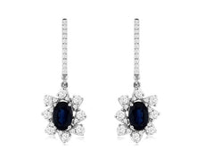 1.92CT DIAMOND & AAA SAPPHIRE 14KT WHITE GOLD FLOWER LEVERBACK HANGING EARRINGS