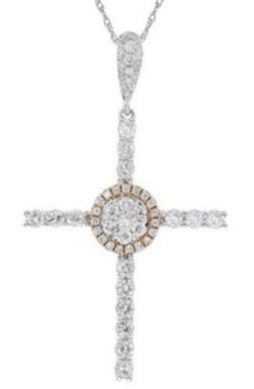 .65CT DIAMOND 18KT WHITE & ROSE GOLD 3D CLASSIC FLOWER CROSS FLOATING PENDANT
