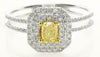 WIDE .76CT WHITE & FANCY YELLOW DIAMOND 18KT 2 TONE GOLD CUSHION ENGAGEMENT RING