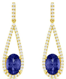 ESTATE LARGE 2.0CT DIAMOND & AAA TANZANITE 14K YELLOW GOLD OVAL & ROUND EARRINGS