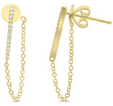 .08CT DIAMOND 14K YELLOW GOLD 3D ROUND CLASSIC DOUBLE SIDED BAR HANGING EARRINGS