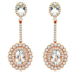 LARGE 9.3CT DIAMOND & AAA AQUAMARINE 14KT ROSE GOLD OVAL & ROUND FLOWER EARRINGS