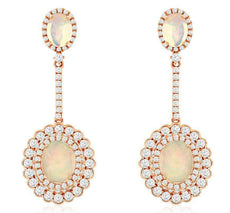 8.20CT DIAMOND & AAA OPAL 14KT ROSE GOLD 3D OVAL & ROUND FLOWER HANGING EARRINGS