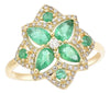 ESTATE 1.20CT DIAMOND & AAA EMERALD 14K YELLOW GOLD CLASSIC FLOWER STAR FUN RING