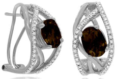2.64CT DIAMOND & AAA SMOKY QUARTZ 14KT WHITE GOLD OVAL & ROUND HANGING EARRINGS