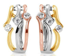 .54CT DIAMOND 14KT TRI COLOR GOLD 3D 3 STONE DIAGONAL CLIP ON HANGING EARRINGS