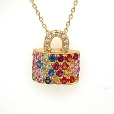 .84CT DIAMOND & AAA MULTI COLOR SAPPHIRE 18KT YELLOW GOLD RAINBOW LOCK PENDANT