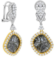 6.12CT WHITE & SLICE DIAMOND 18KT 2 TONE GOLD FLORAL TEAR DROP HANGING EARRINGS