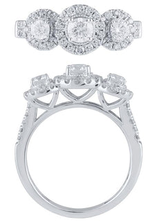 1.0CT DIAMOND 14KT WHITE GOLD 3D ROUND HALO PAST PRESENT FUTURE ANNIVERSARY RING