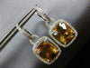 LARGE 14.60CT DIAMOND & AAA CITRINE 14KT WHITE GOLD 3D CUSHION HANGING EARRINGS